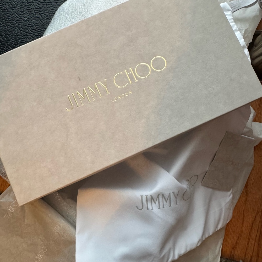 Jimmy Choo Beige Box and Ivory Dust Bag with Gold Logo